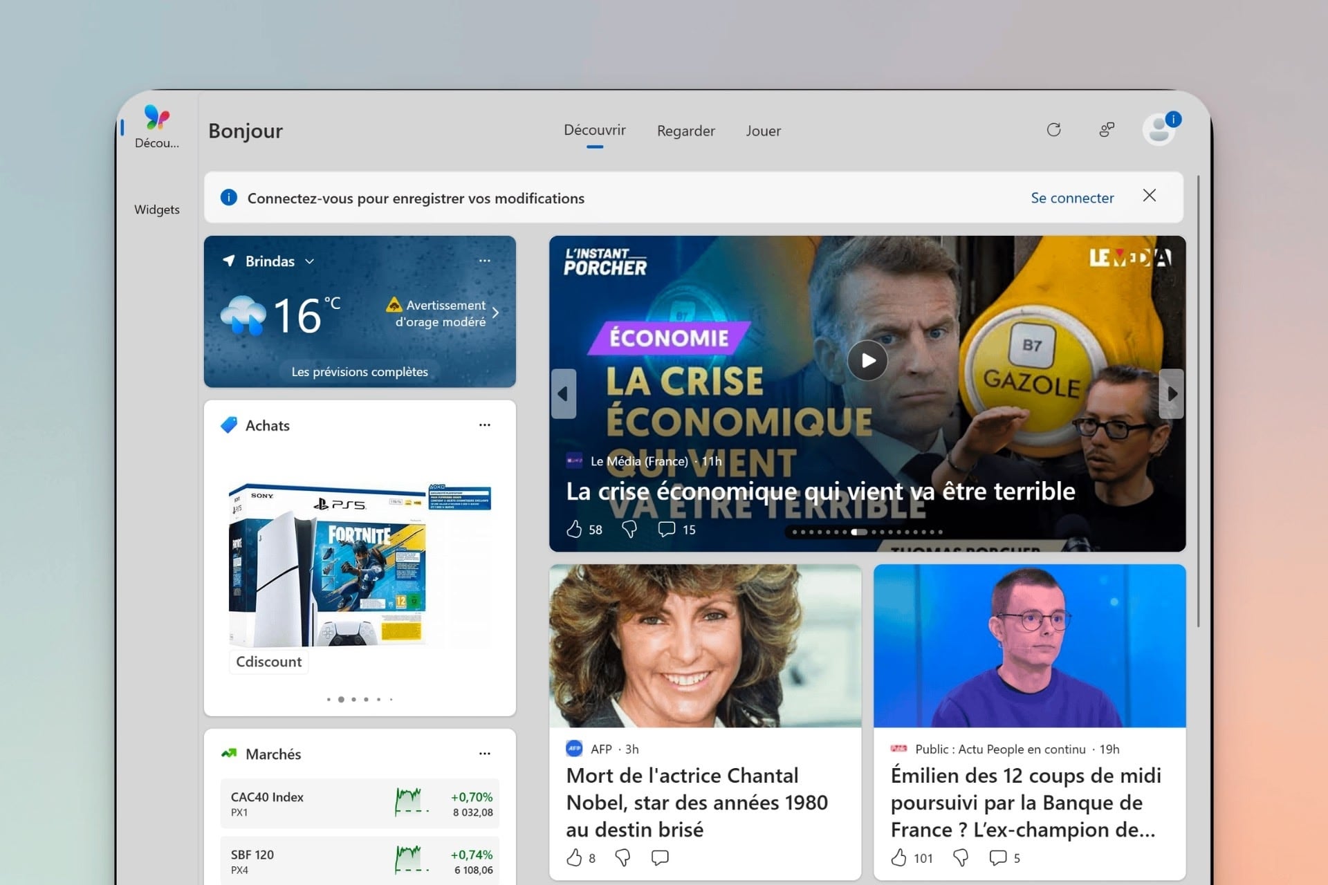 Windows 11 panneau MSN pub