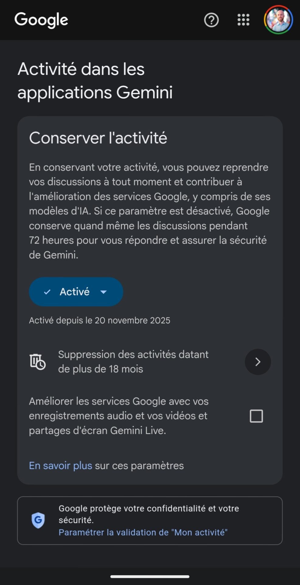 Google Gemini Conserver Activite