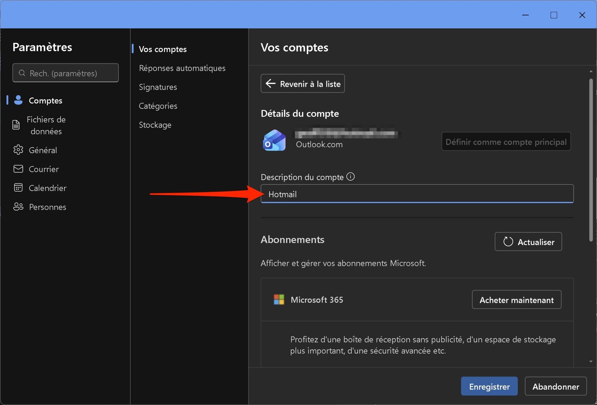 Outlook Description Du Compte