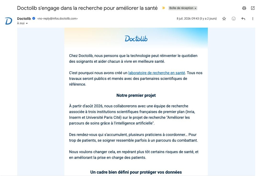 Mail Doctolib Laboratoire De Recherche Ia Données Personnelles