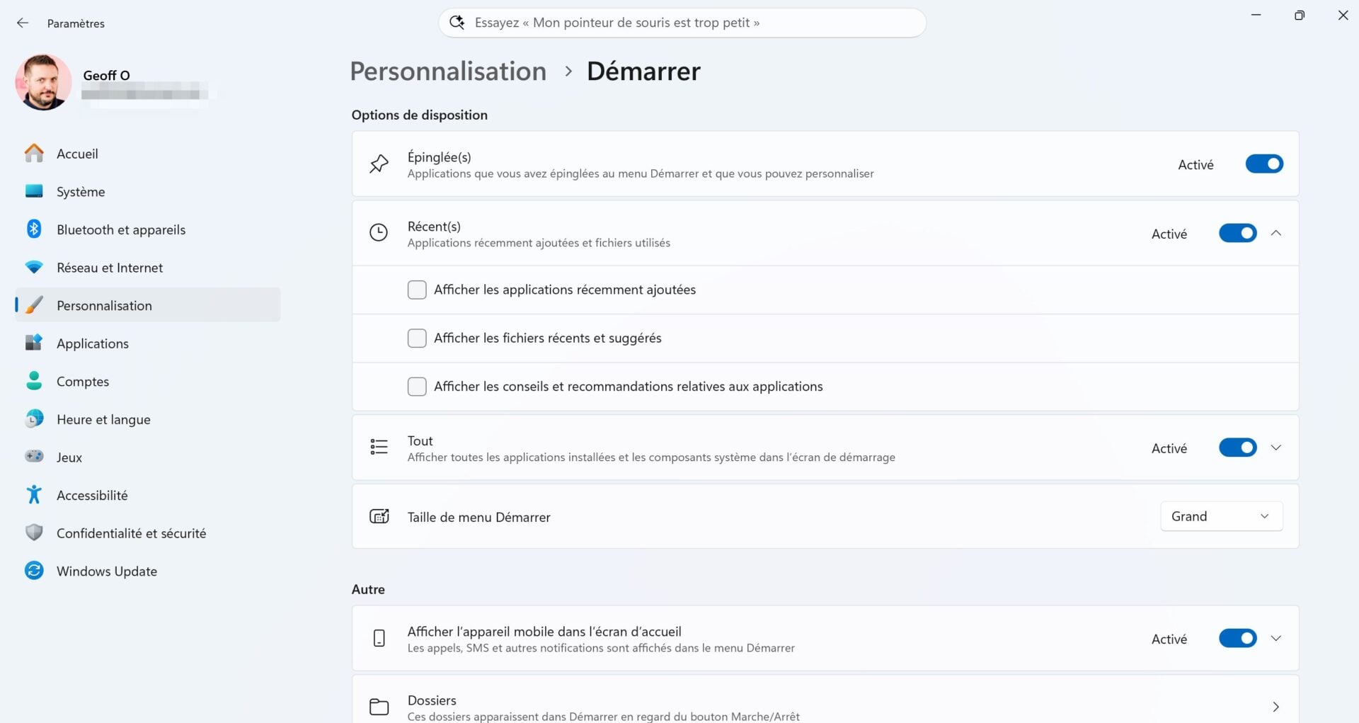 Windows 11 Paramètres Menu Démarrer