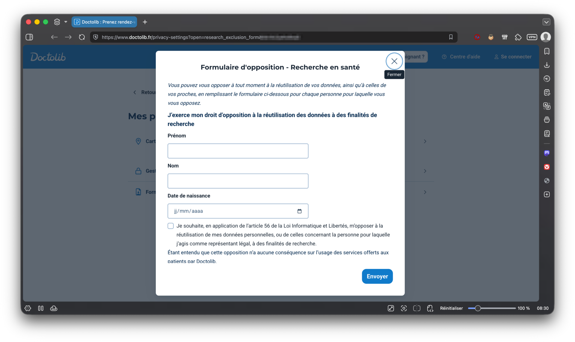 Formulaire Oppostion Doctolib Données Personnelles Ia