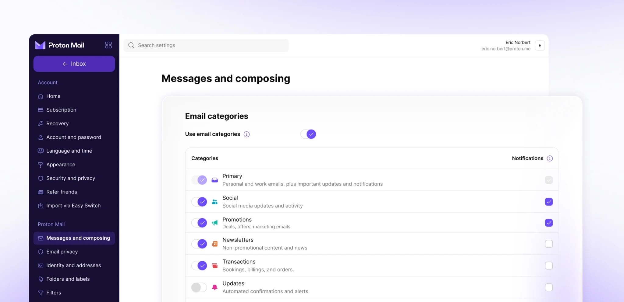 Catégories Proton Mail