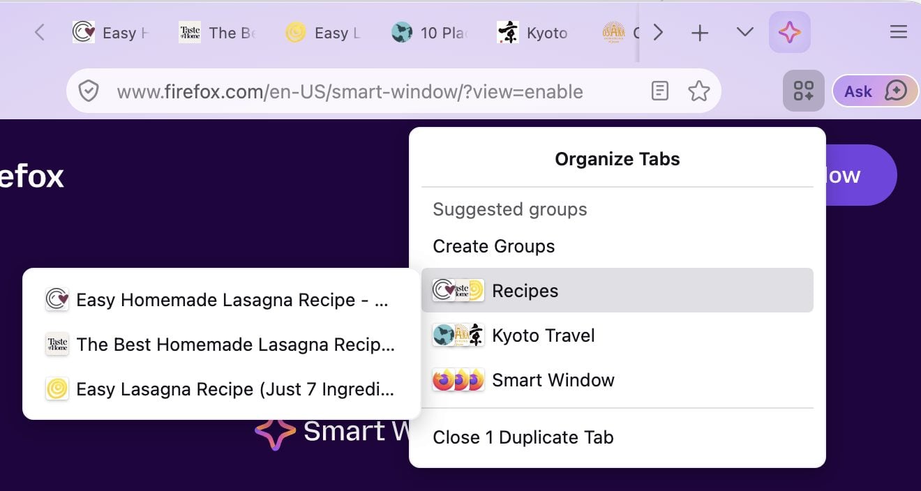 Firefox 154 Organize Tabs