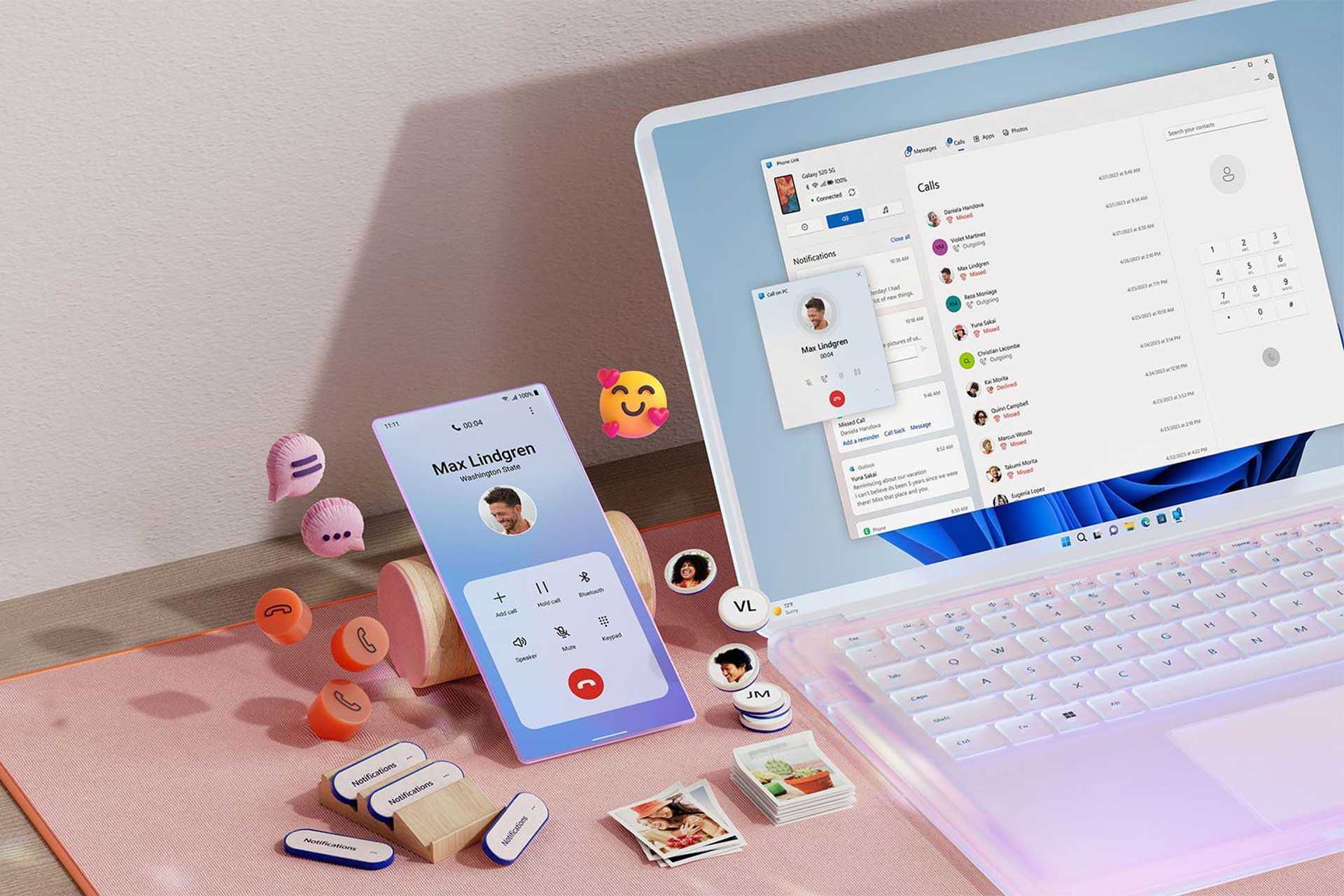 Msft Open Laptop With Mobile Phone Floating Emojis