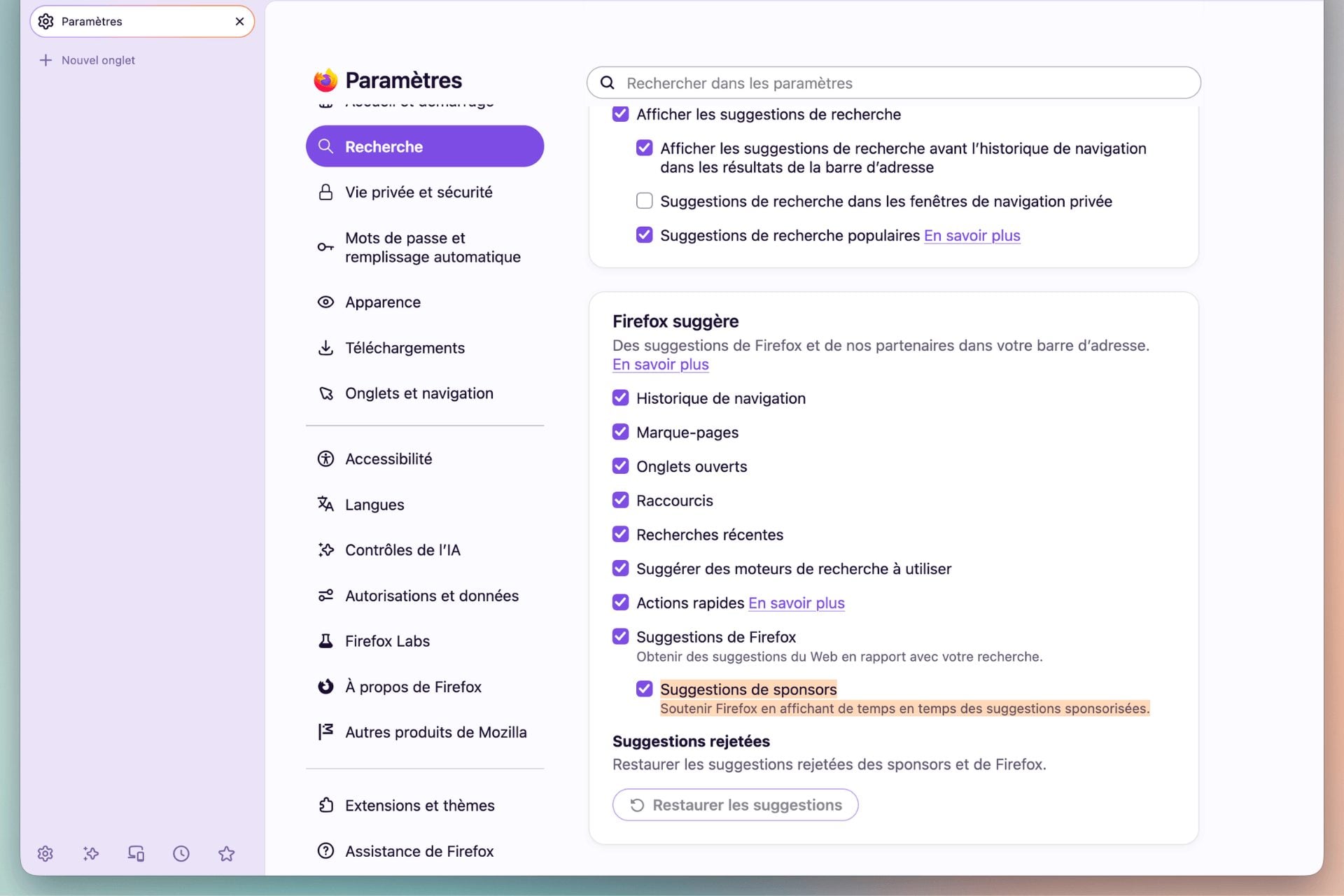 Désactiver sponsors Firefox