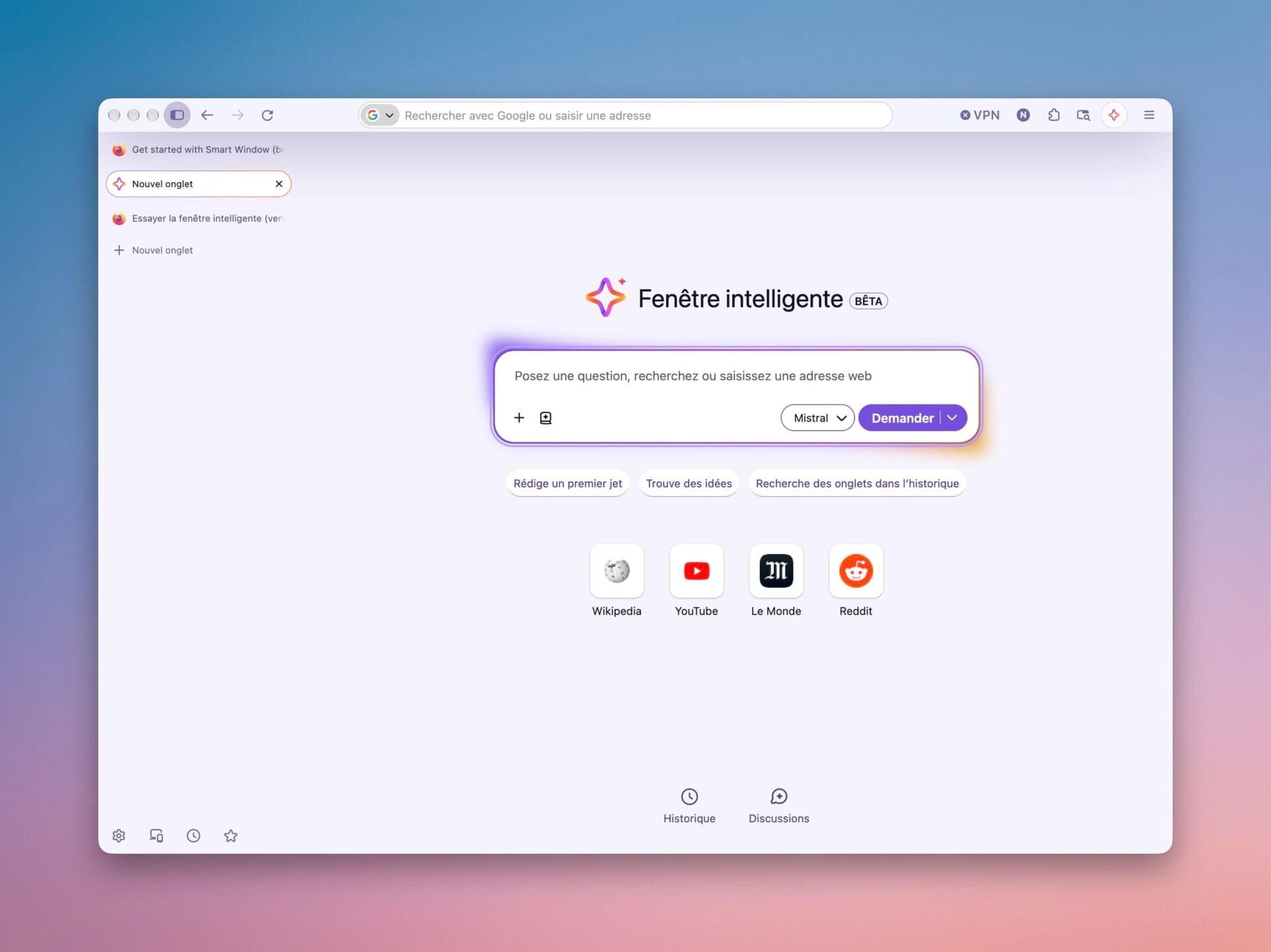 Fenêtre intelligente Mozilla