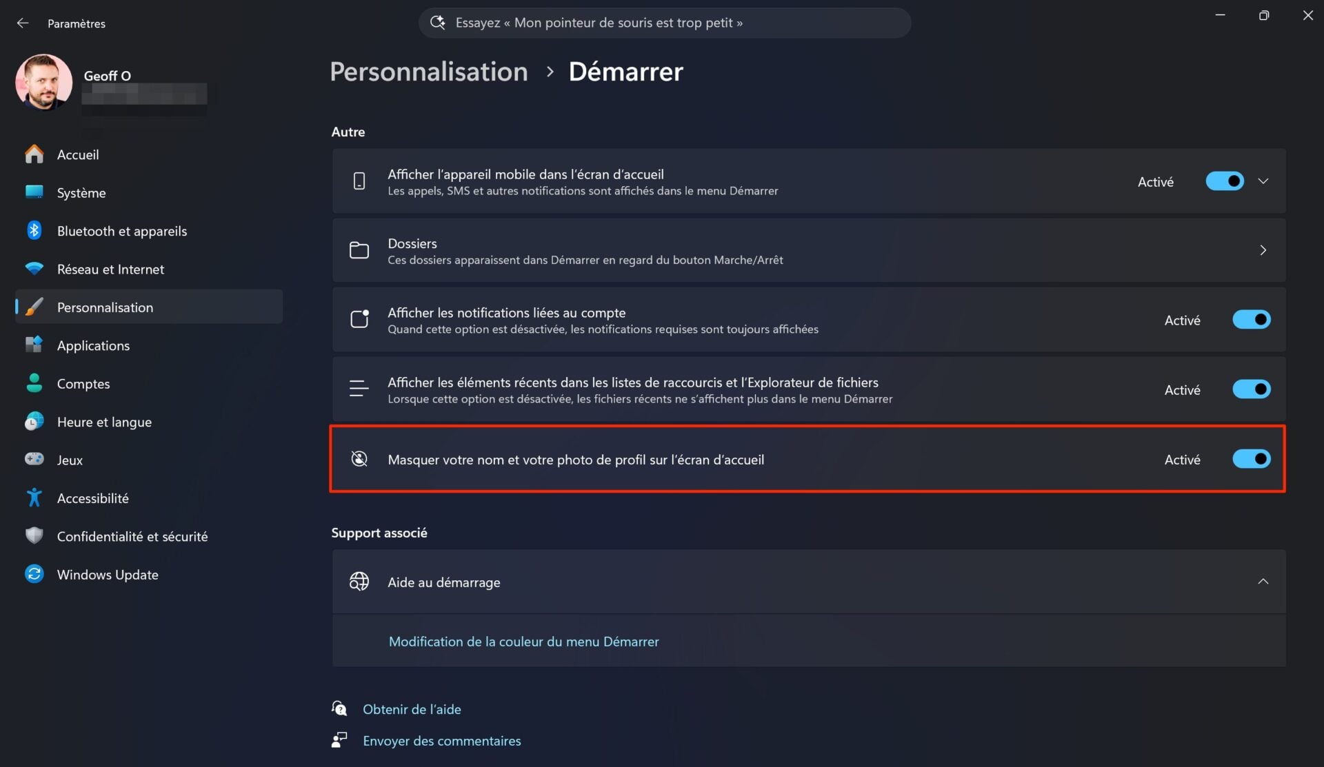 Windows 11 Menu Démarrer Masquer Identité