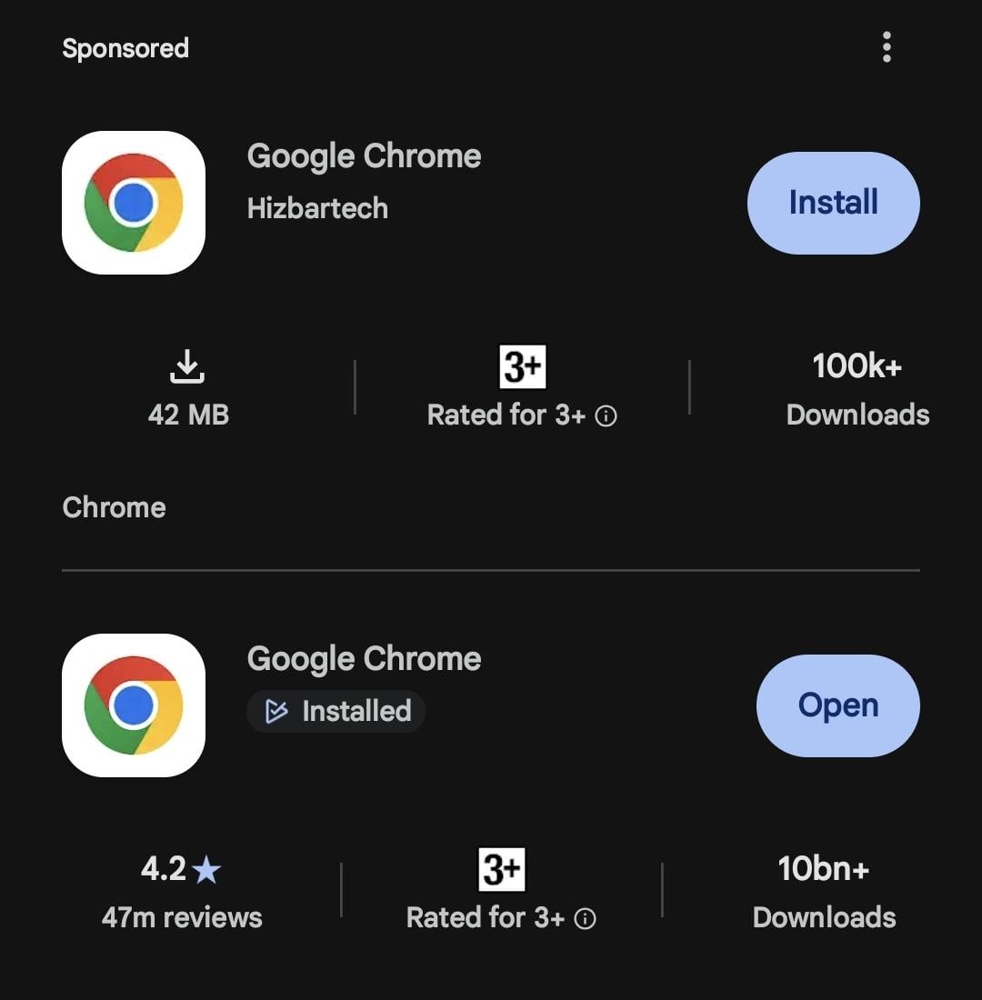Faux Google Chrome Play Store