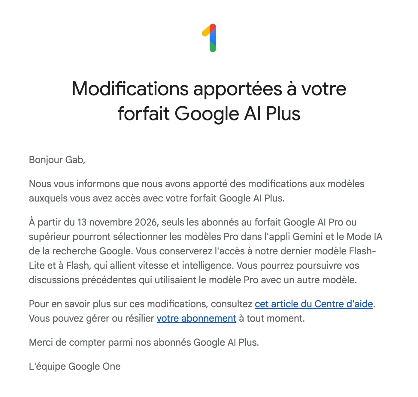 Modifications Abonnement Google Ai Plus