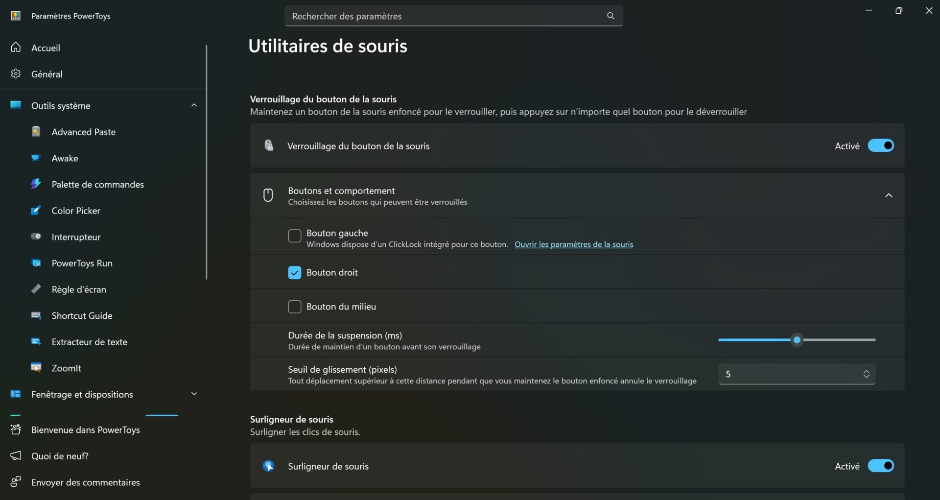 Powertoys 0.102 Verrouillage Bouton Souris