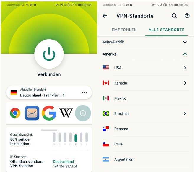 ExpressVPN Standorte App mobil Verwendung VPN