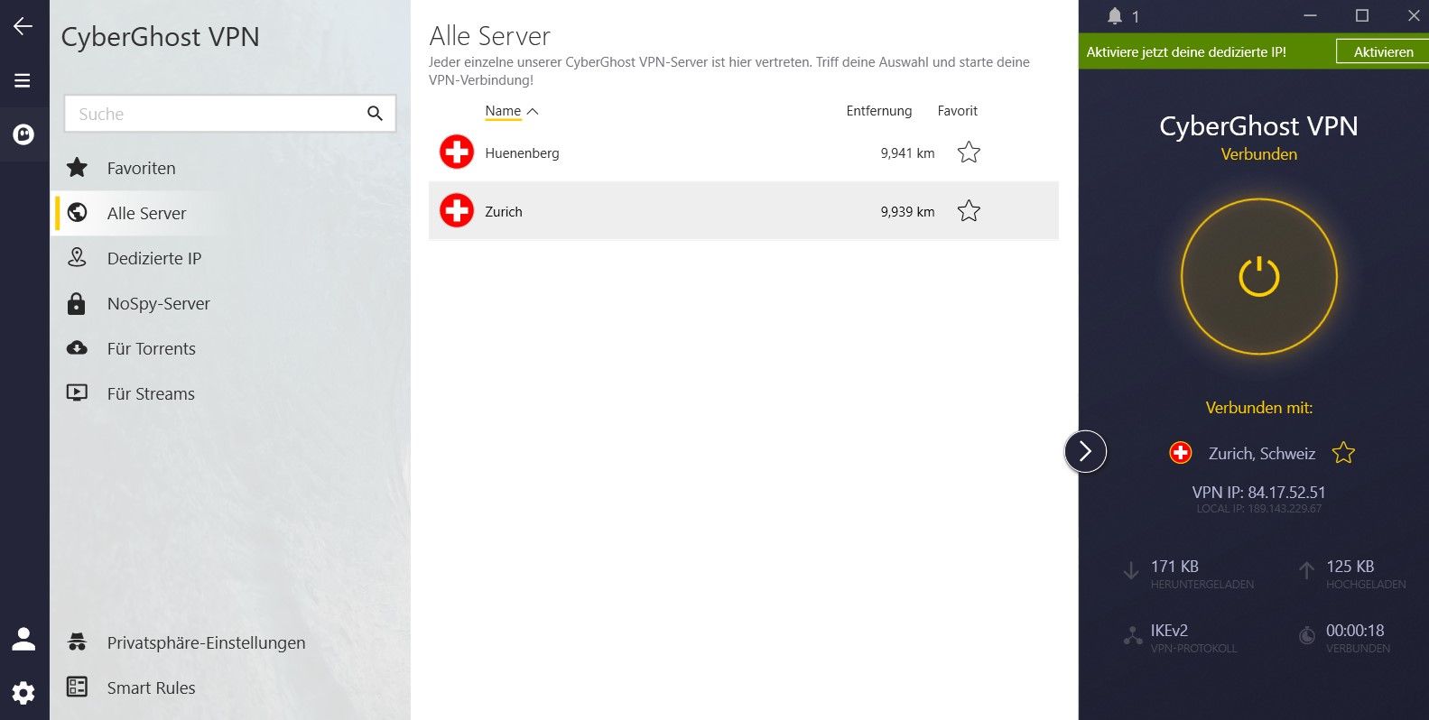 CyberGhost IP-Adresse Schweiz verbunden