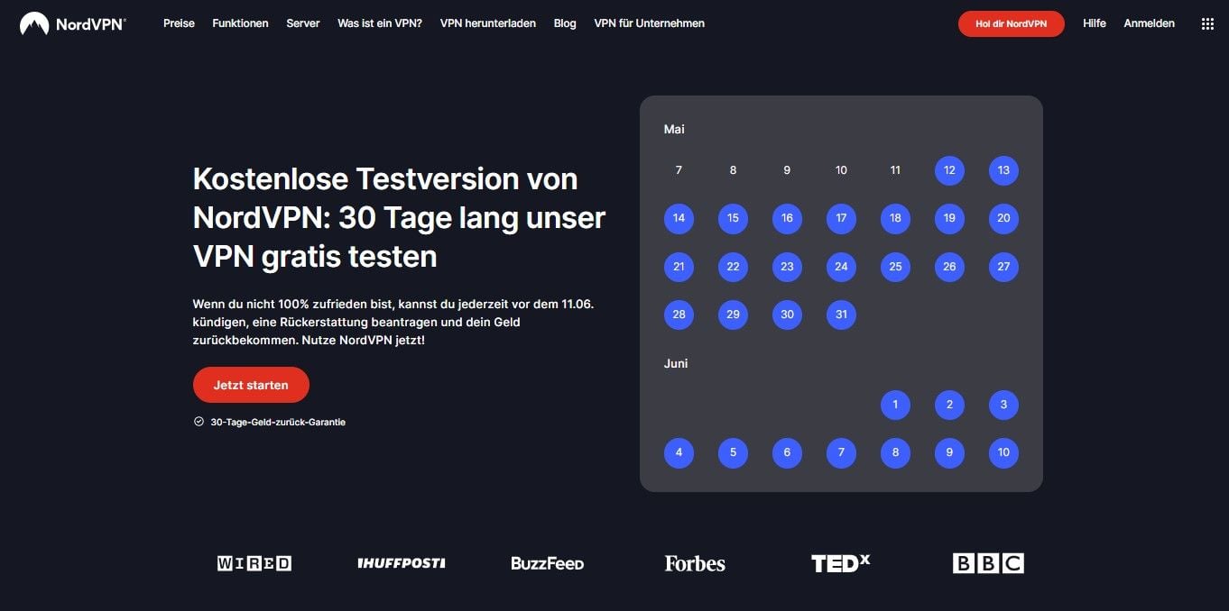 NordVPN kostenlose Testversion 30 Tage Geld-zurück-Garantie