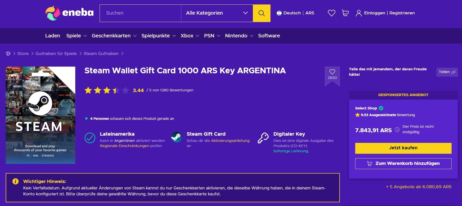 Steam Geschenkkarte Eneba Land wechseln Argentinien