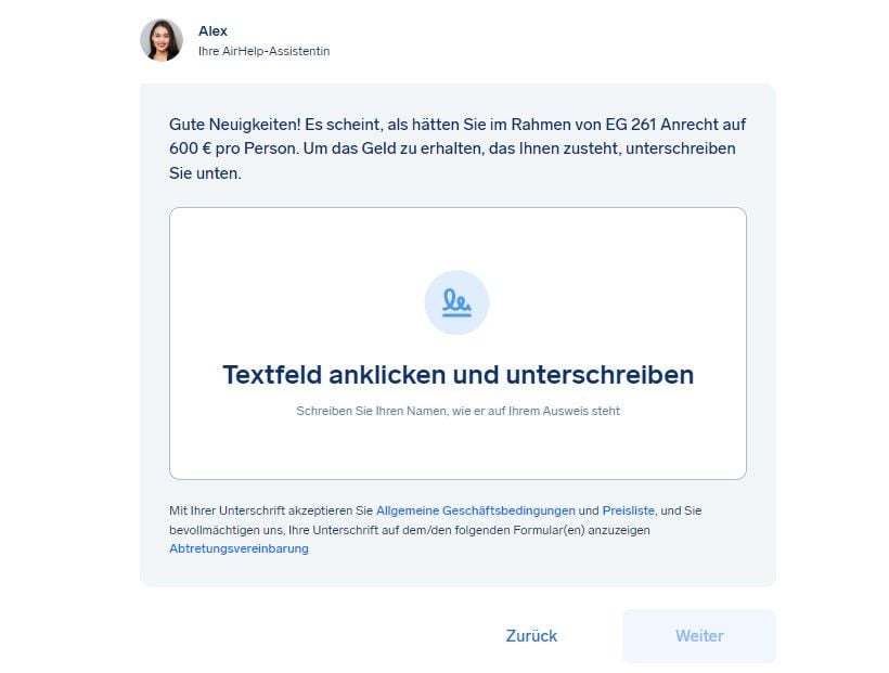 AirHelp Entschädigung Verspätete Flüge Unterschrift