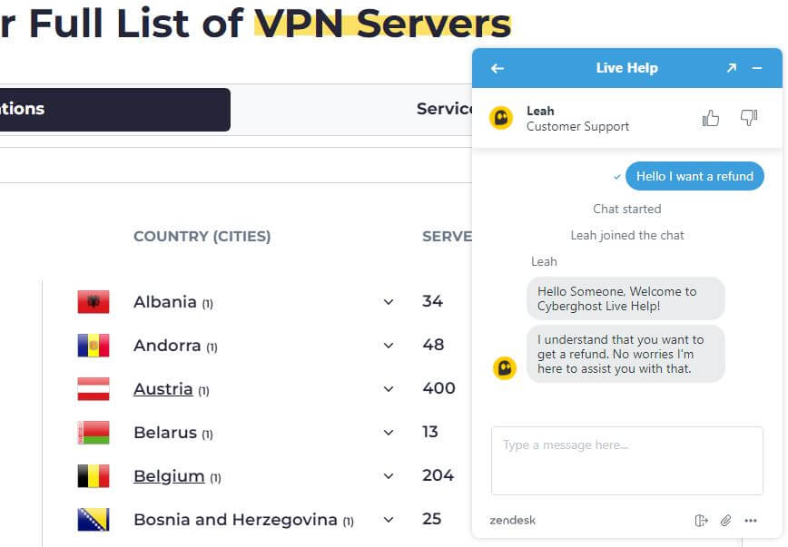 CyberGhost Refund Chat