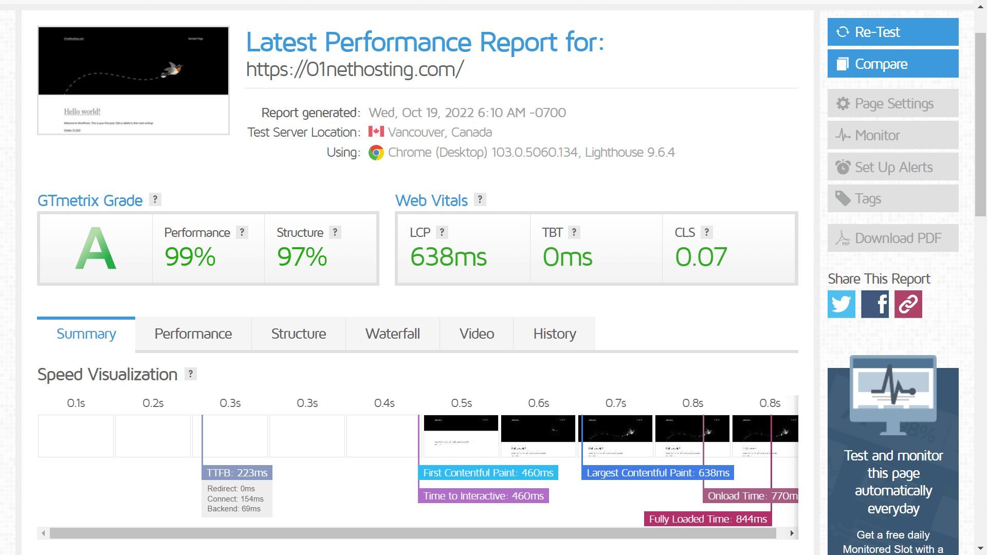 Hostinger GTmetrix First Test Snapshot