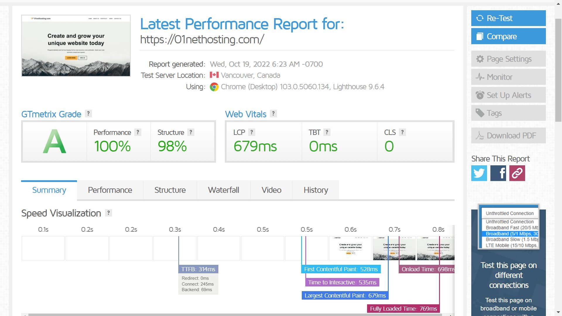 GTmetrix Second Test Snapshot