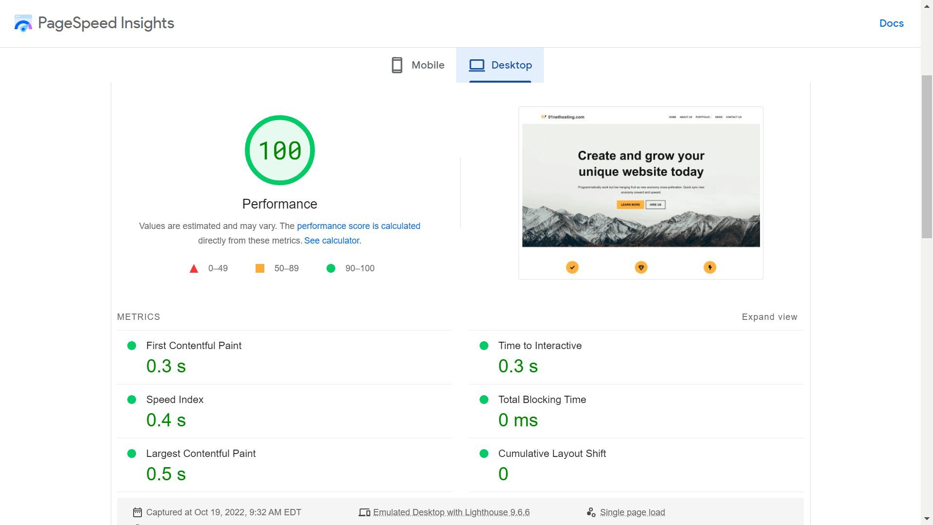 Hostinger PageSpeed Desktop Test Results