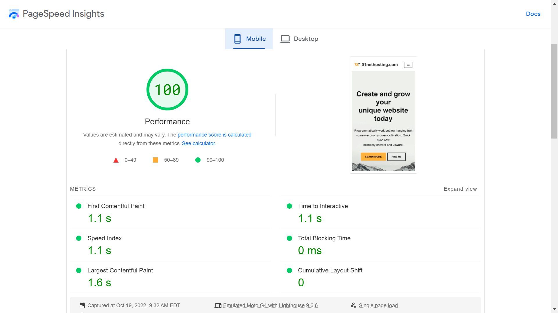 Hostinger PageSpeed Mobile Test Results