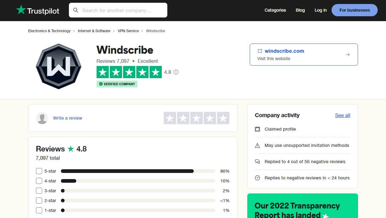 Windscribe Trustpilot