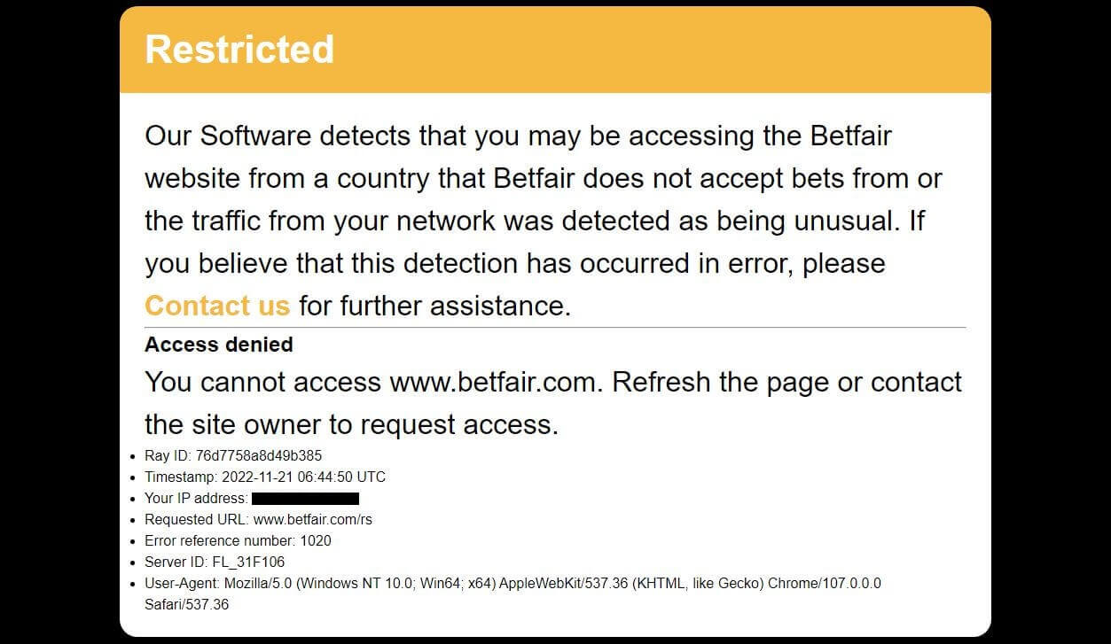 Betfair Geo Restriction Message