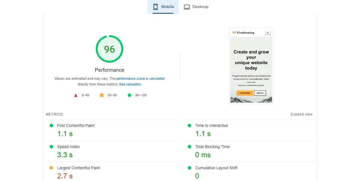 DreamHost PageSpeed Insights Mobile