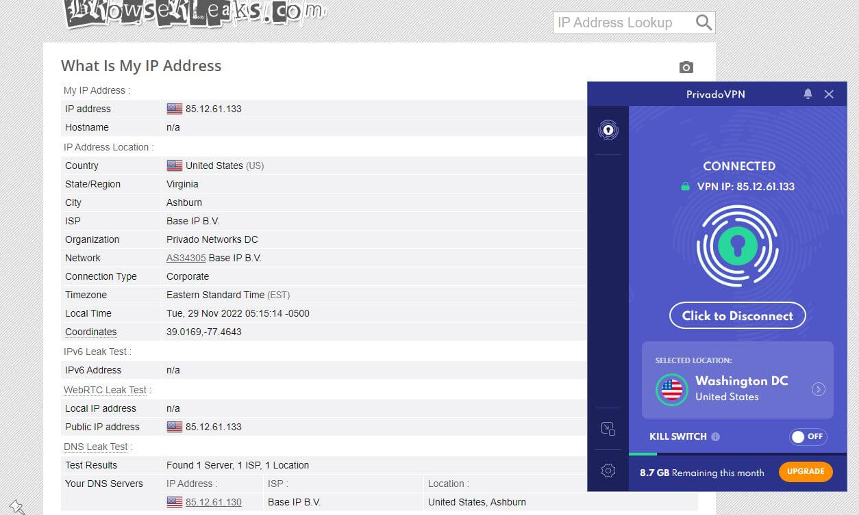 PrivadoVPN IP Leak 2