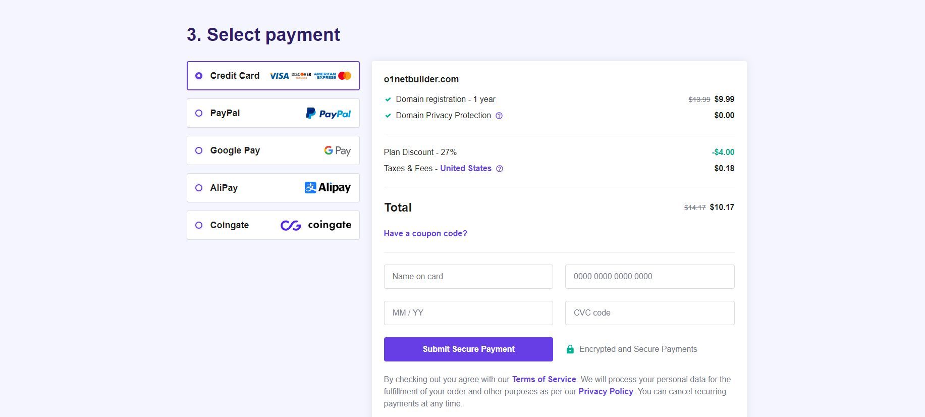 Choose Domain Registration Payment Method