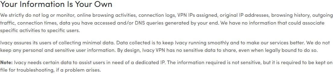 IVACY VPN Πολιτική απορρήτου