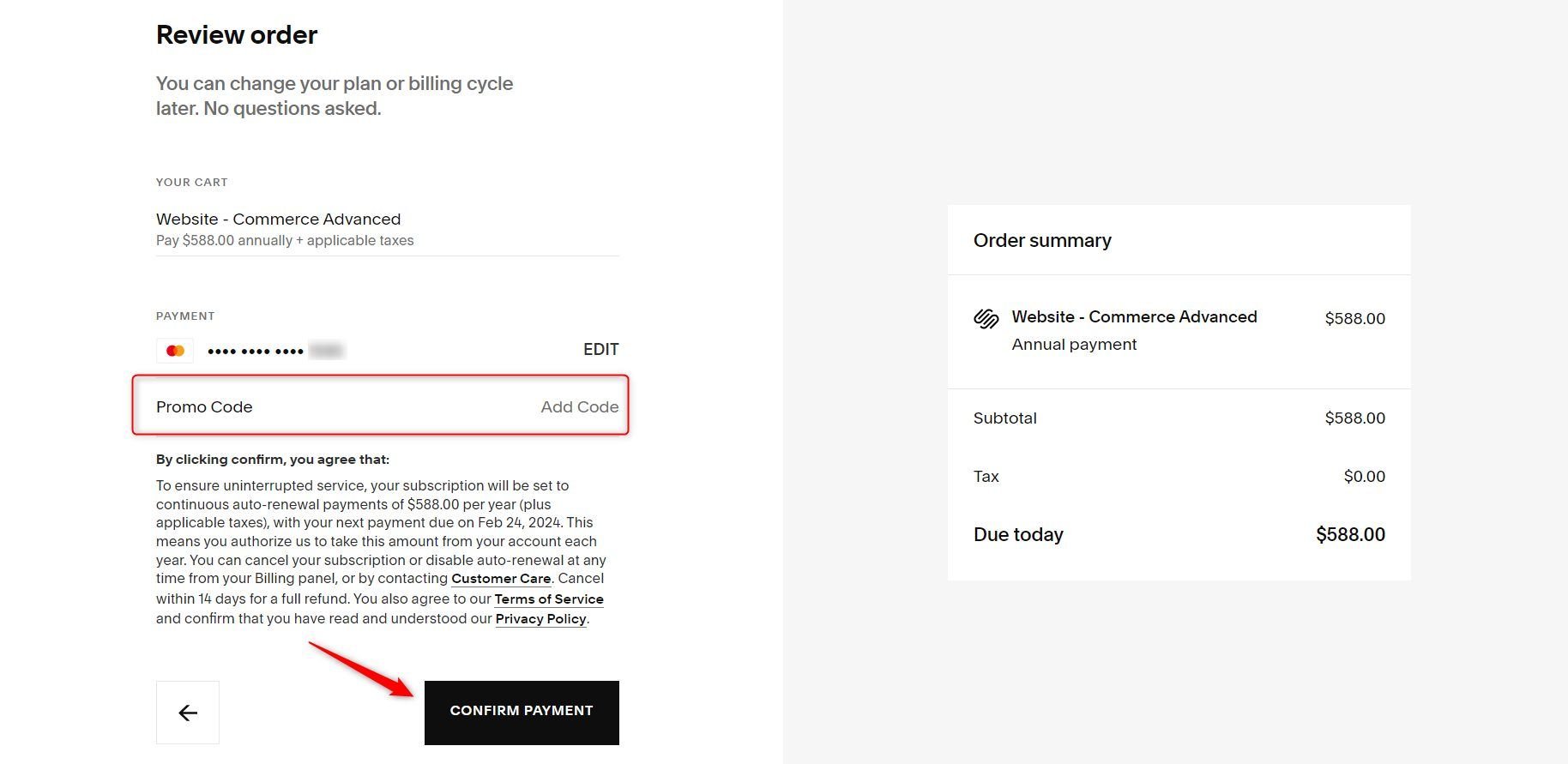 Confirm Payment Squarespace