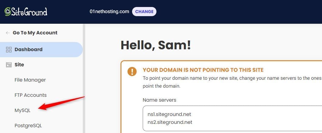 Navigate to Site then MySQL