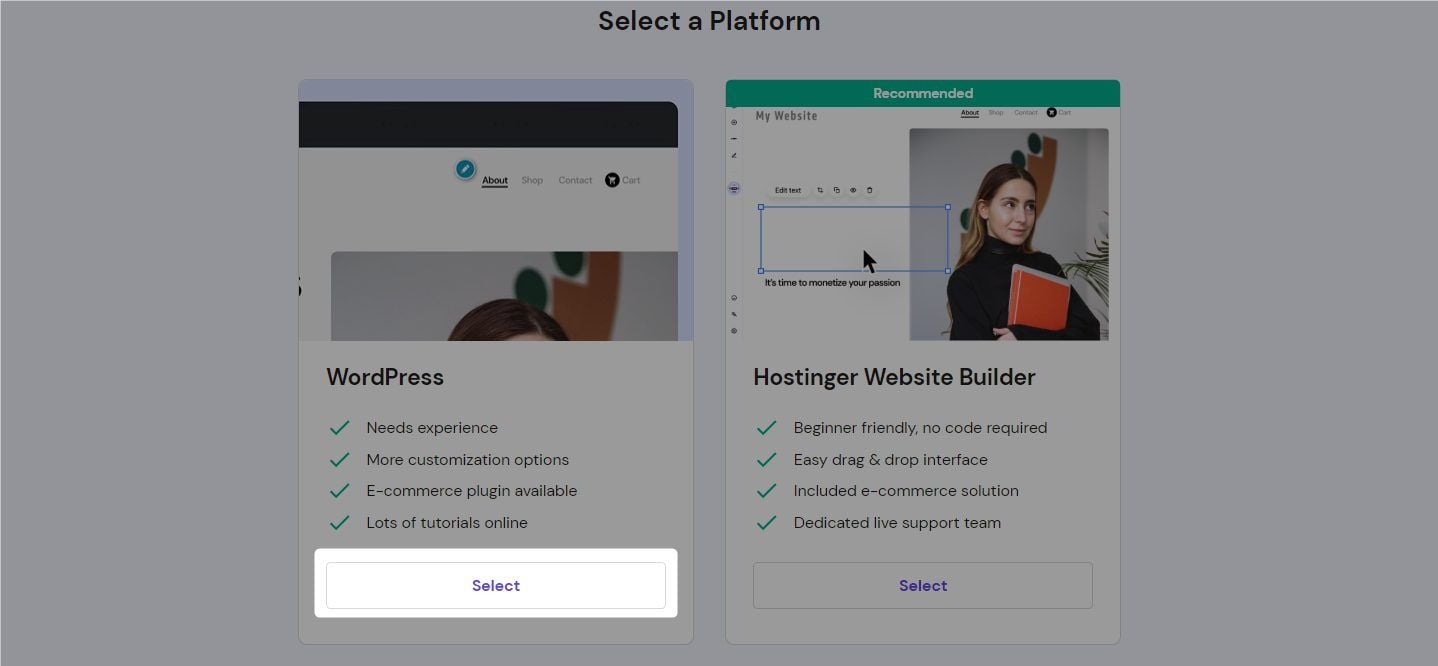 Hostinger Select a Platform WP