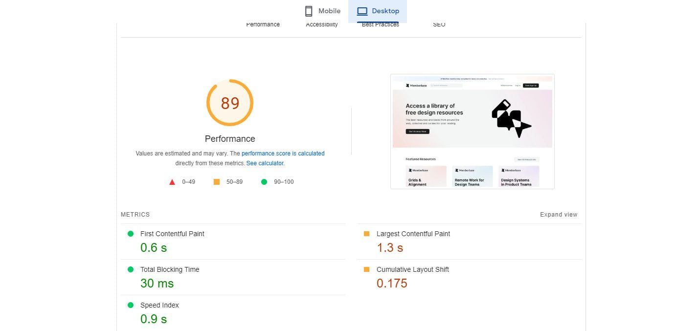 Webflow PageSpeed Insights Review Desktop