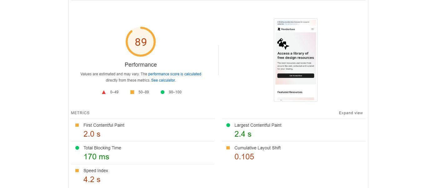 Webflow PageSpeed Insights Review Mobile