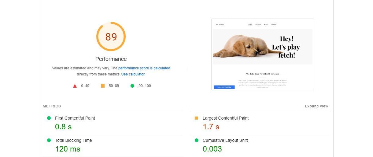 Weebly PageSpeed Insights Test Desktop