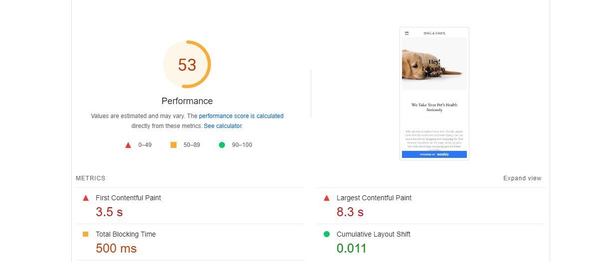 Weebly PageSpeed Insights Test Mobile