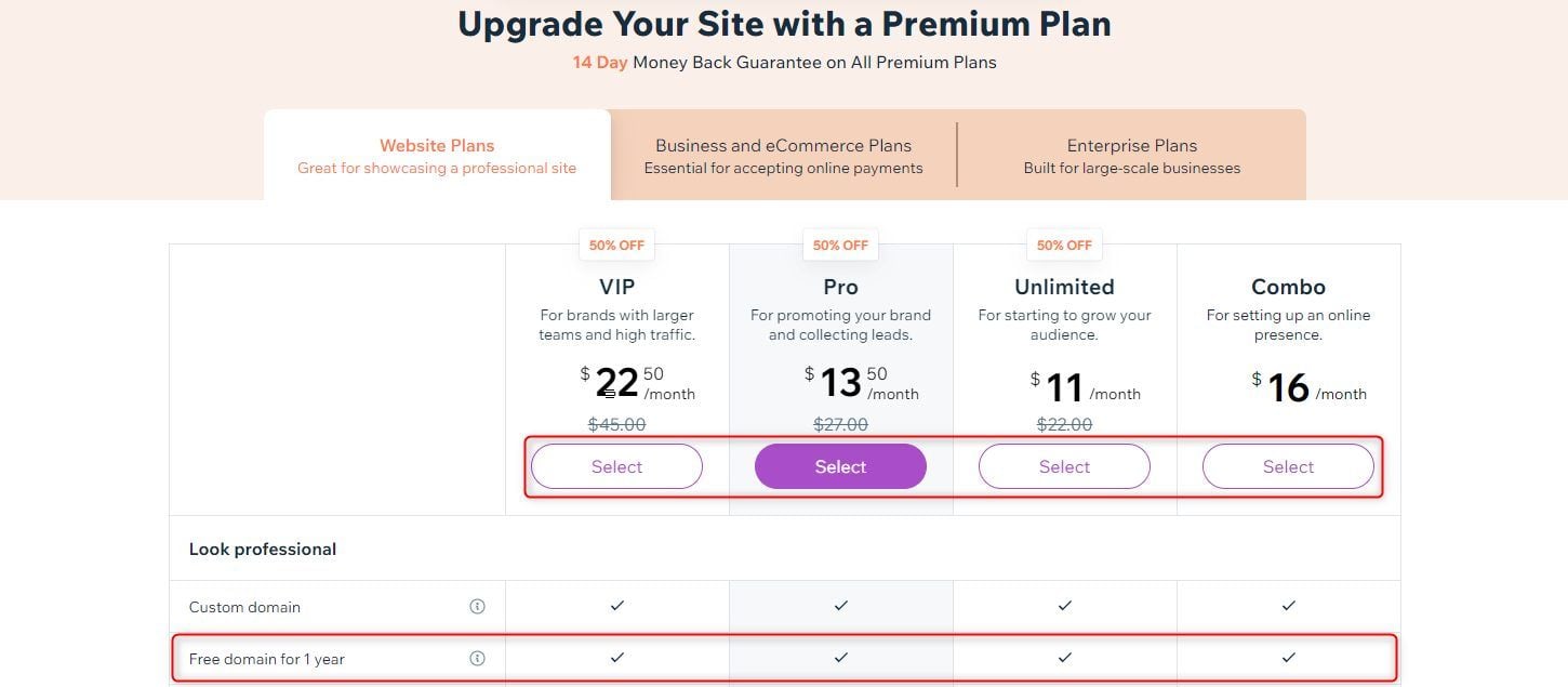 Wix Select Website Plans