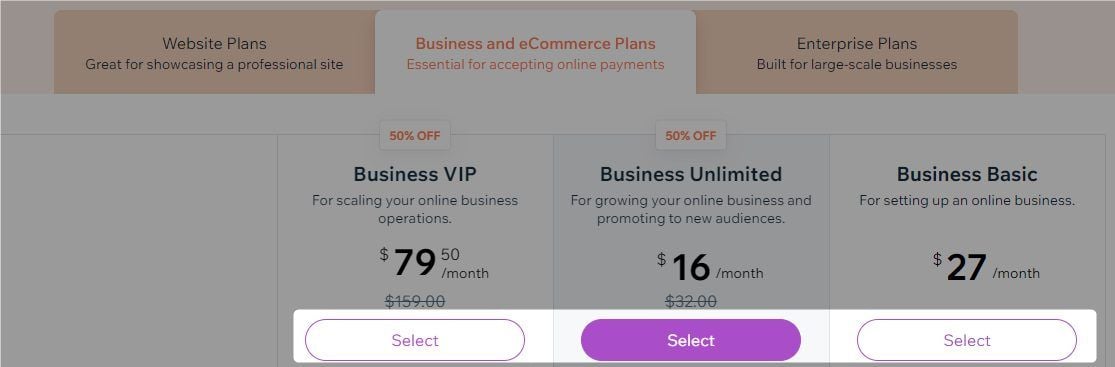 Wix Select eCommerce Plans