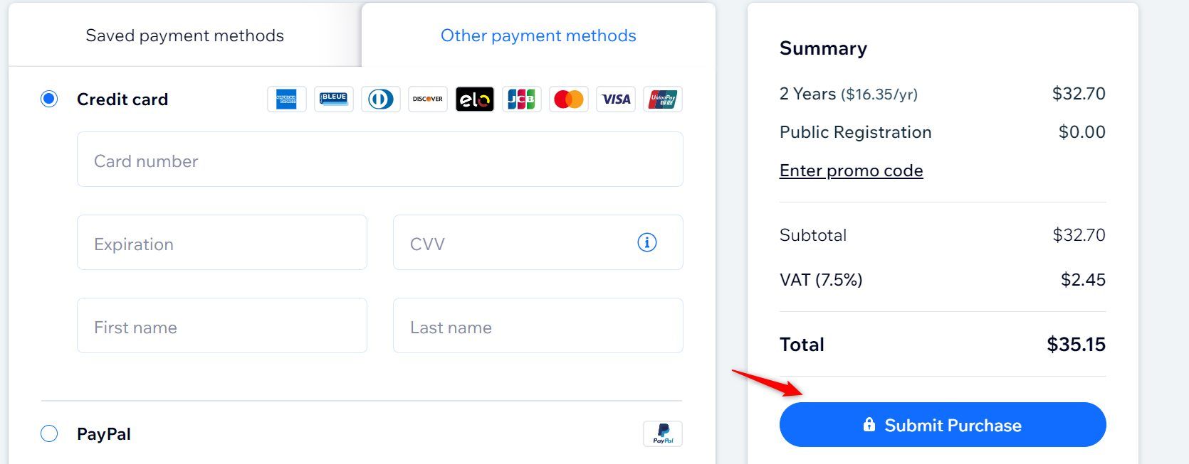 Wix Submit Purchase Domain