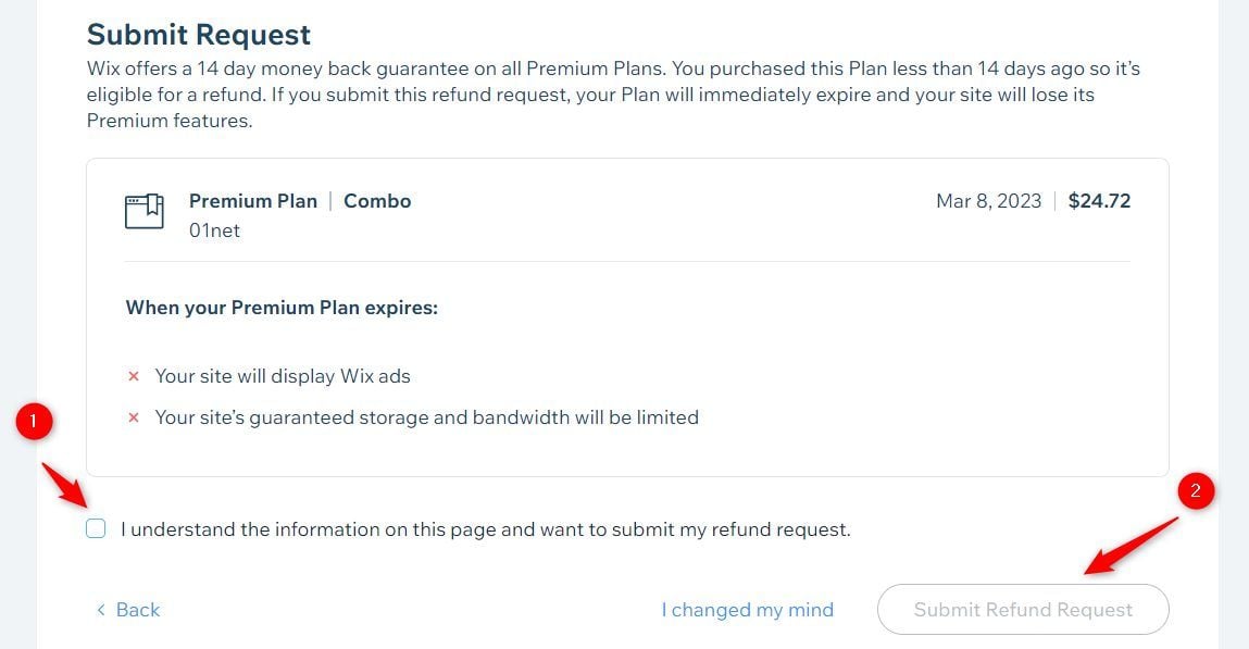 Wix Submit Refund Request