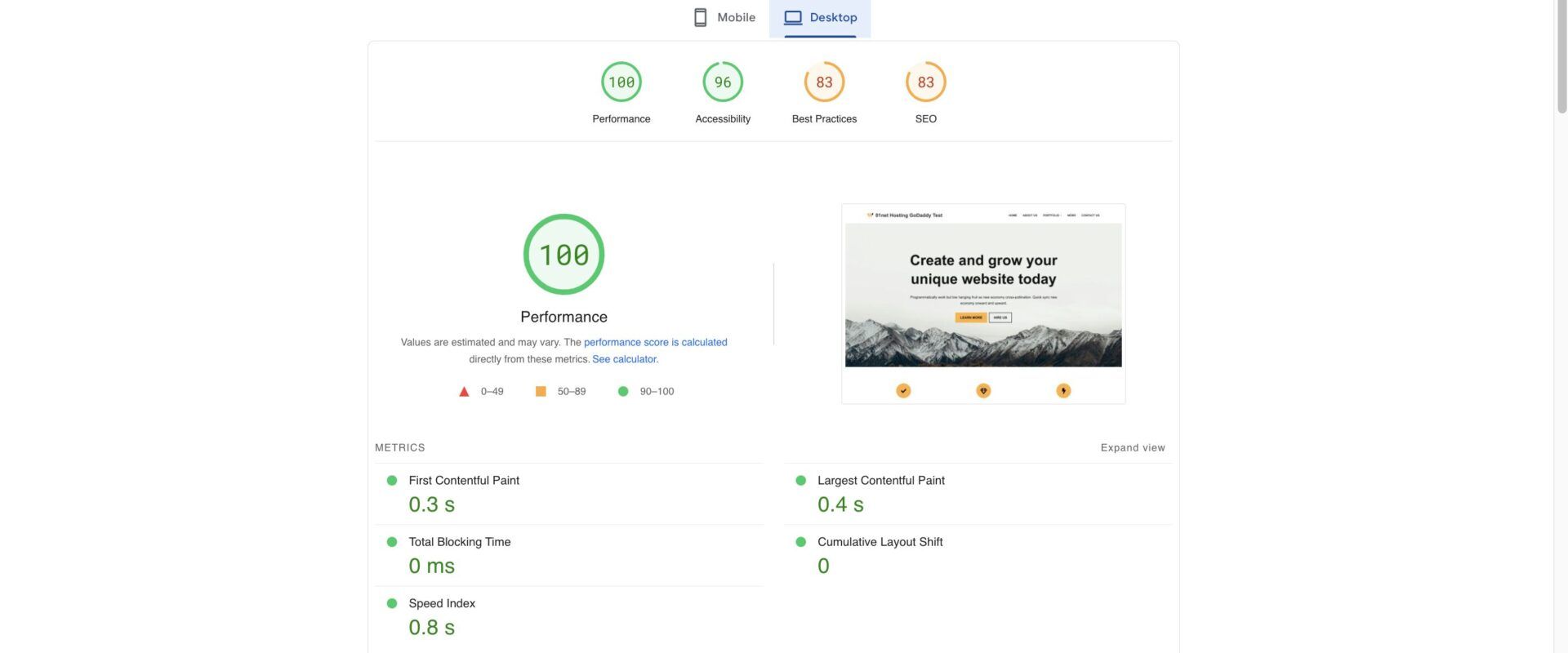 GoDaddy PageSpeed Insights Desktop Test