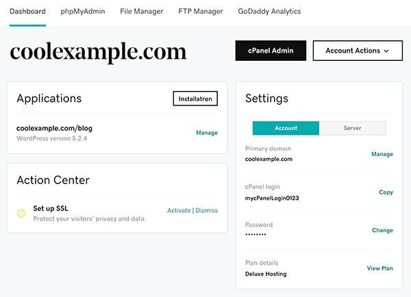 GoDaddy cPanel Dasboard