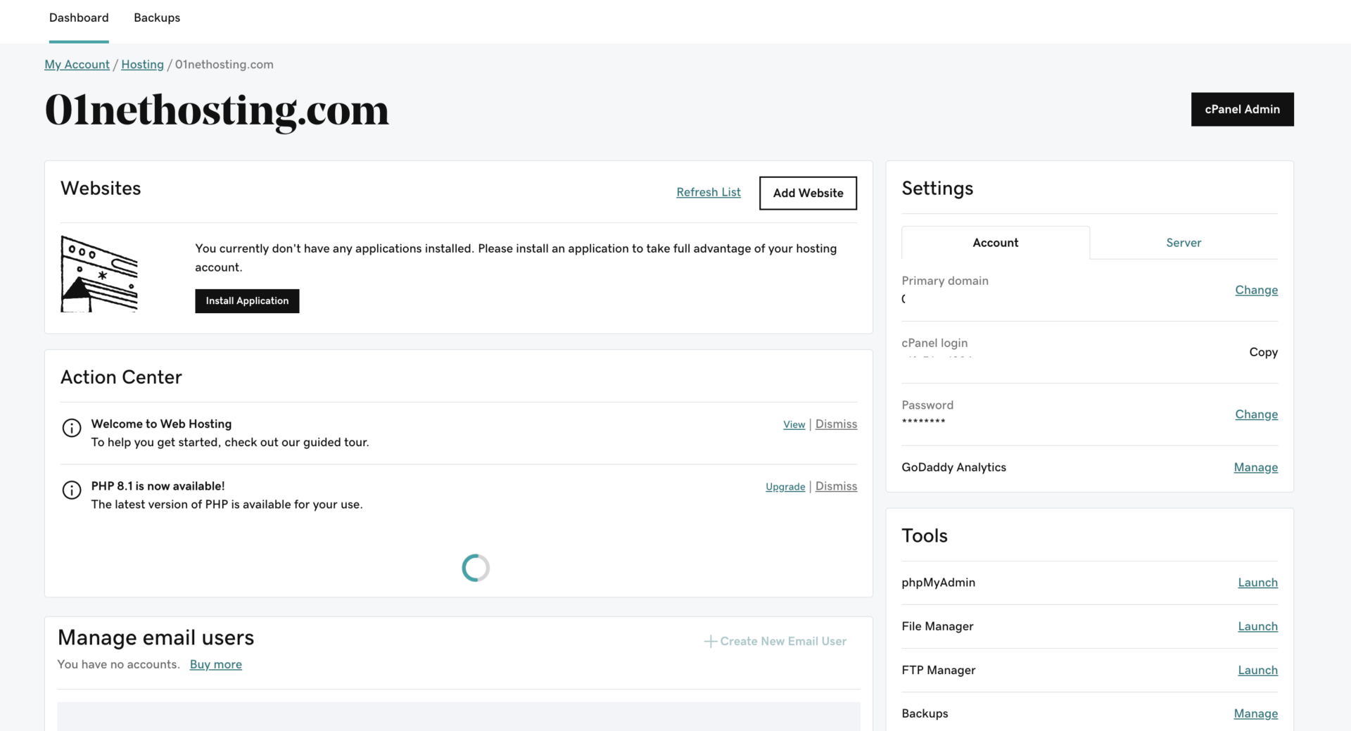 GoDaddy cPanel Dashboard