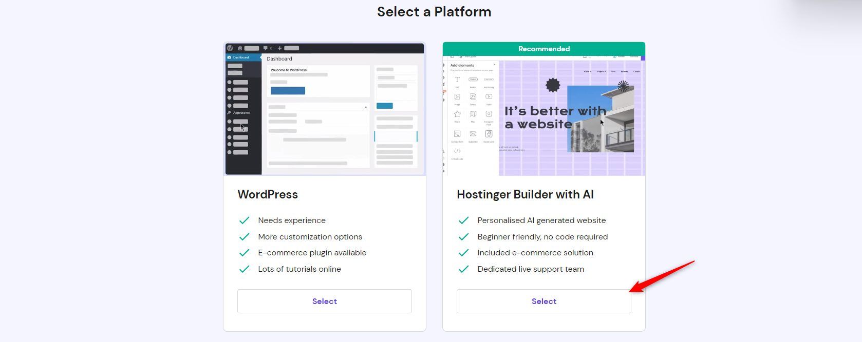 Hostinger Website Builder Onboarding Process Select Platform