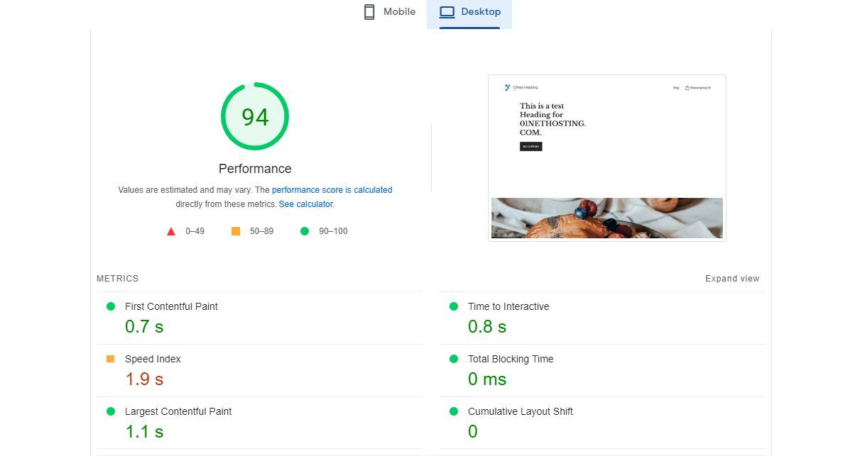 Hostinger Website Builder PageSpeed Insights