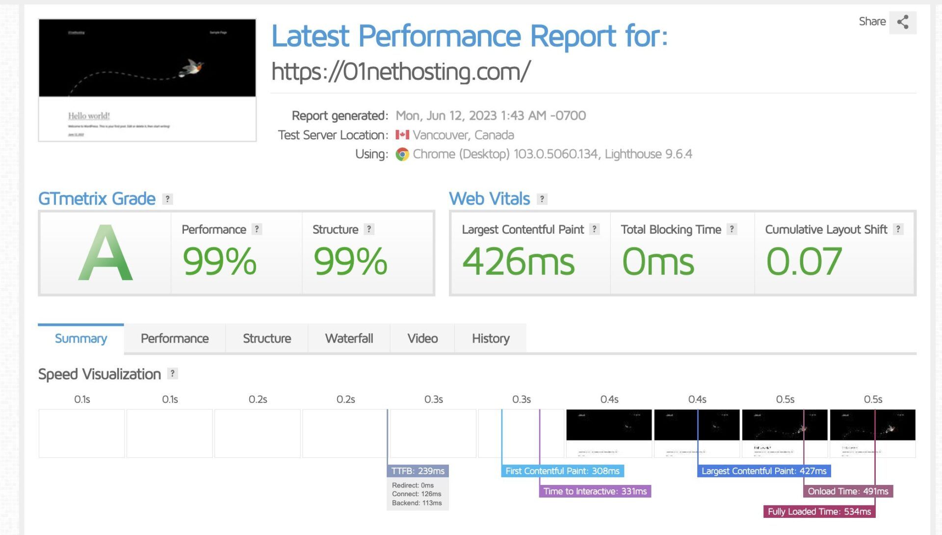 InMotion Hosting First GTmetrix Result