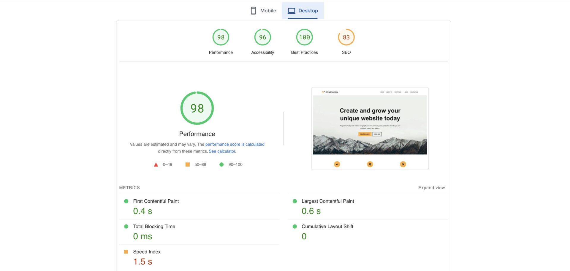 InMotion Hosting PageSpeed Insights Desktop