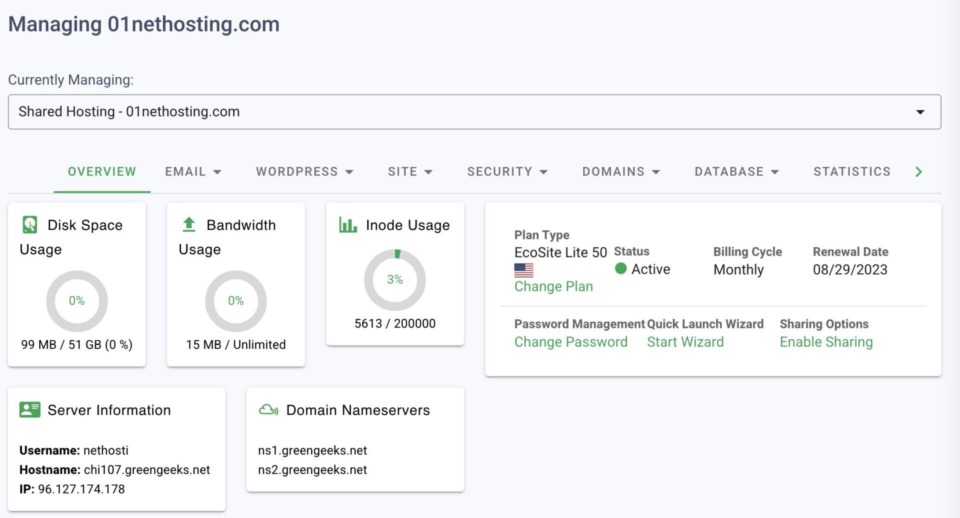 GreenGeeks Hosting Dashboard